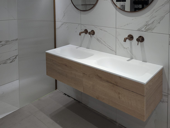 Raffinata Two Drawer Vanity Unit With Beyondstone Double Basin - Oak 1400mm