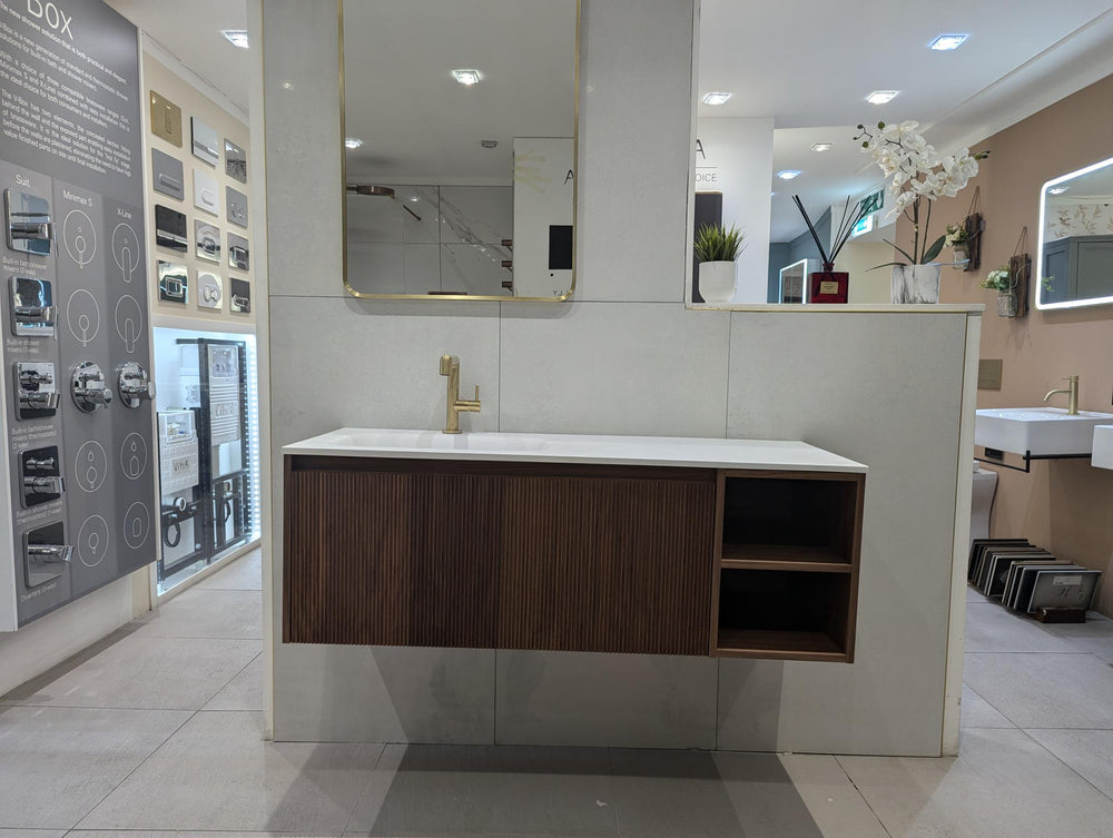 Scanalato Single Drawer Vanity Unit With Open Storage Space And Left hand Beyondstone Basin - Walnut 1200mm