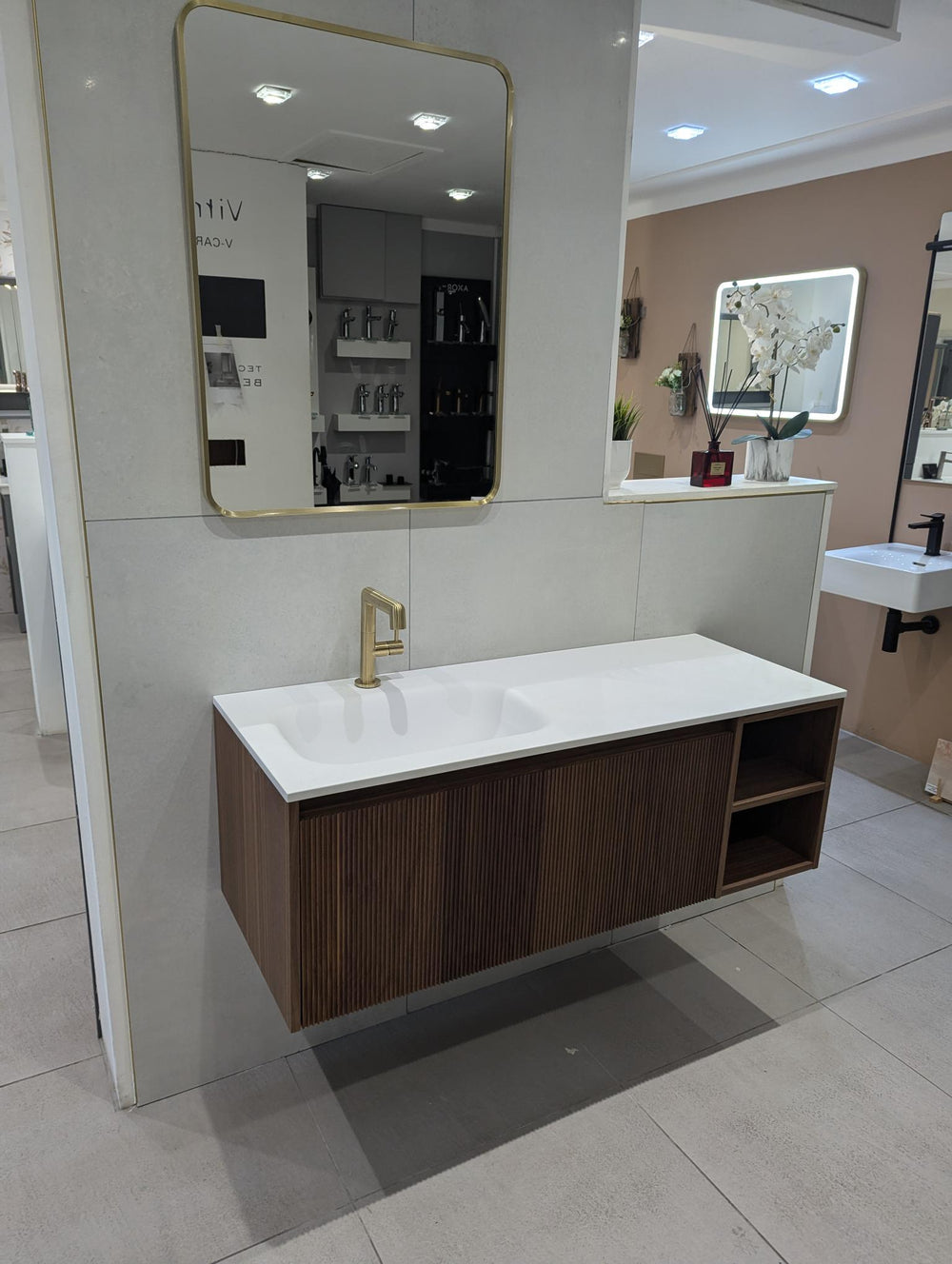 Single Drawer Walnut Vanity Unit & Basin 1200mm - Scanalato