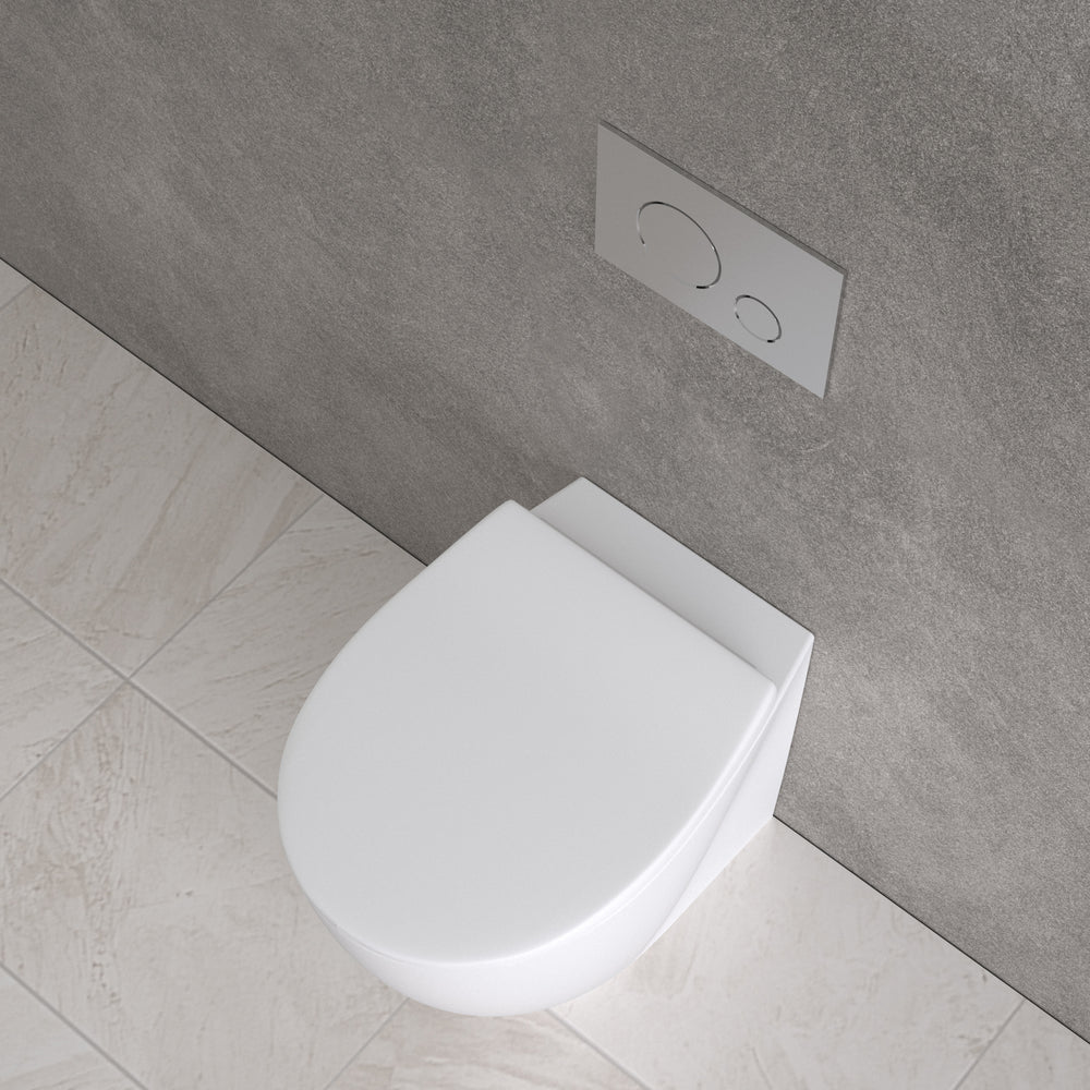 Primo Dolce Back To Wall Rimless Toilet With Concealed Cistern Frame & Brushed Steel Effect Flush Plate