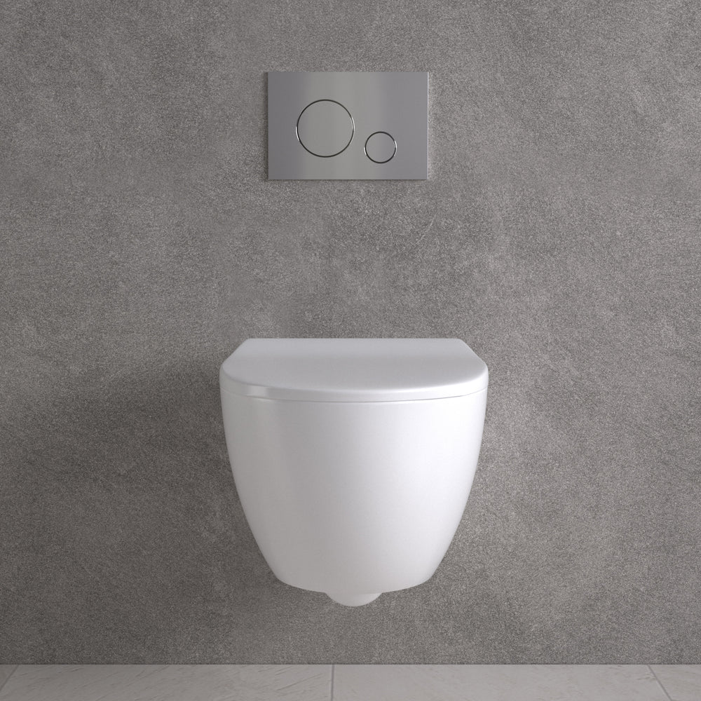 Primo Dolce Wall Hung Rimless Toilet, With Concealed Cistern Frame & Brushed Steel Effect Flush Plate
