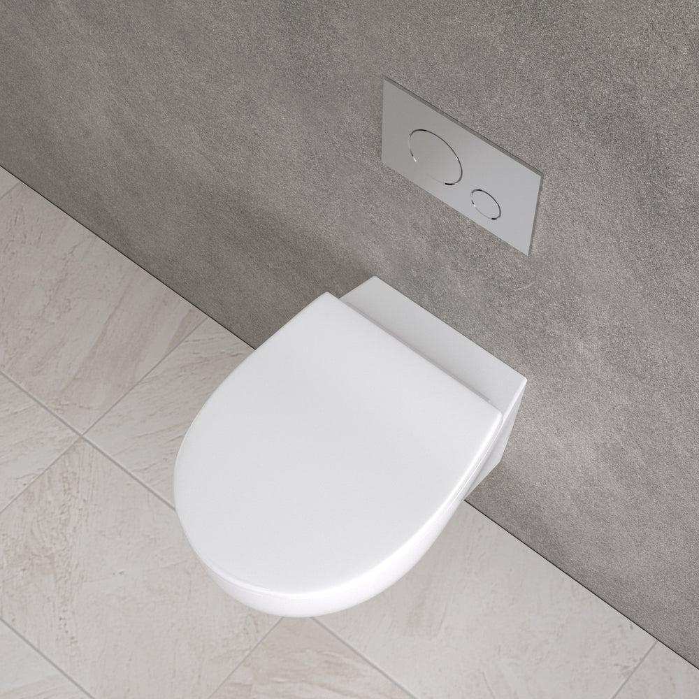Primo Dolce Wall Hung Rimless Toilet, With Concealed Cistern Frame & Brushed Steel Effect Flush Plate
