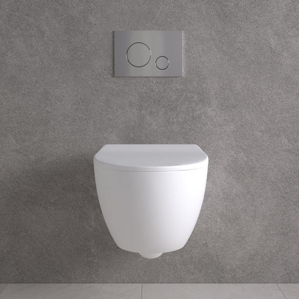 Primo Dolce Wall Hung Rimless Toilet, With Concealed Cistern Frame & Brushed Steel Effect Flush Plate