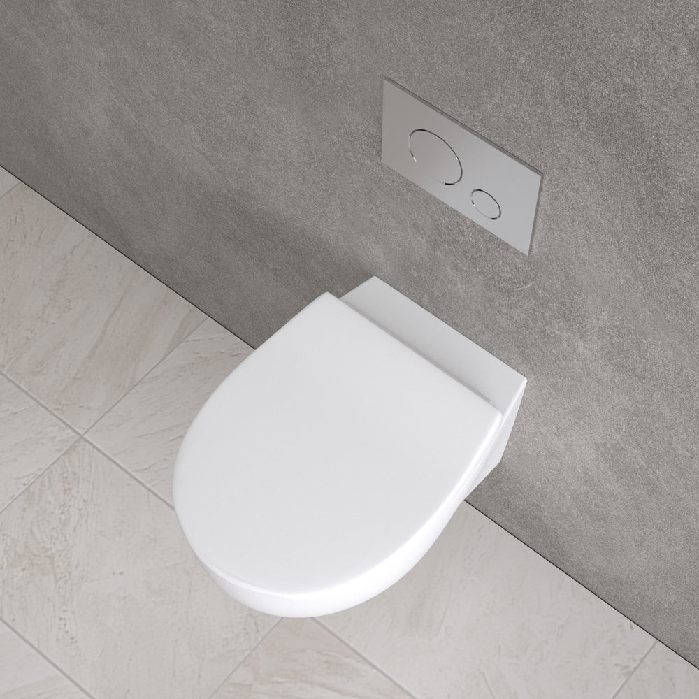 Primo Dolce Wall Hung Rimless Toilet, With Concealed Cistern Frame & Brushed Steel Effect Flush Plate