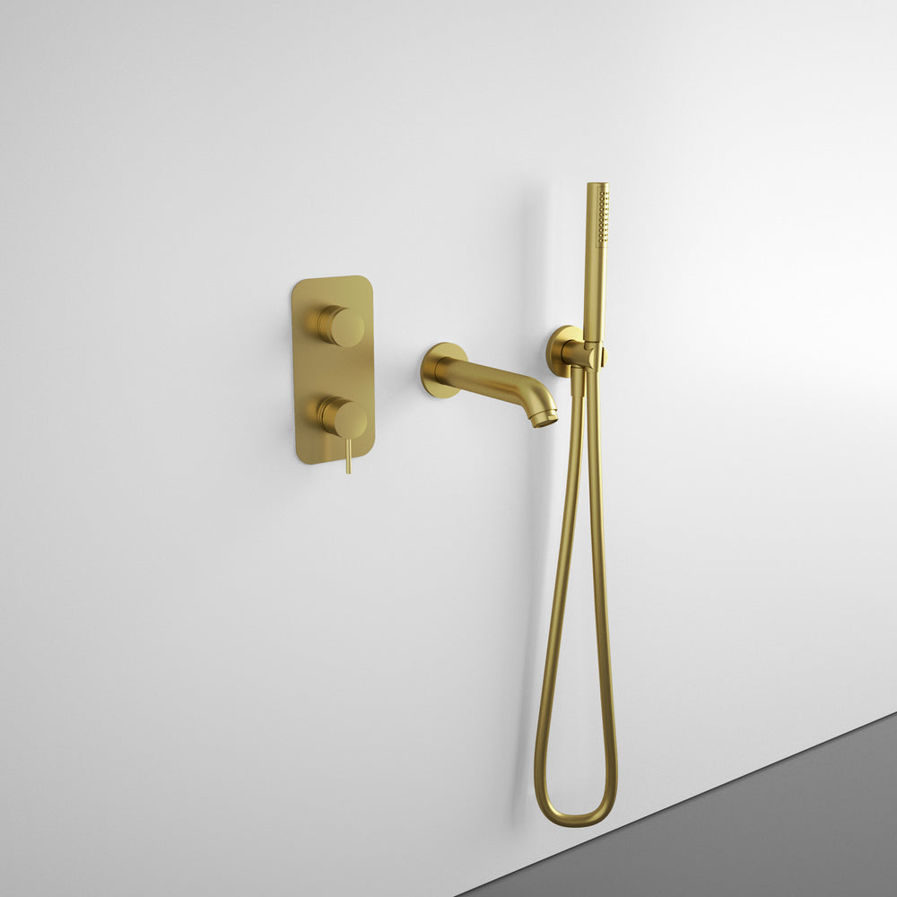 Wall Mounted Bath Mixer Tap Complete with Spout & Shower Kit - Brushed Brass