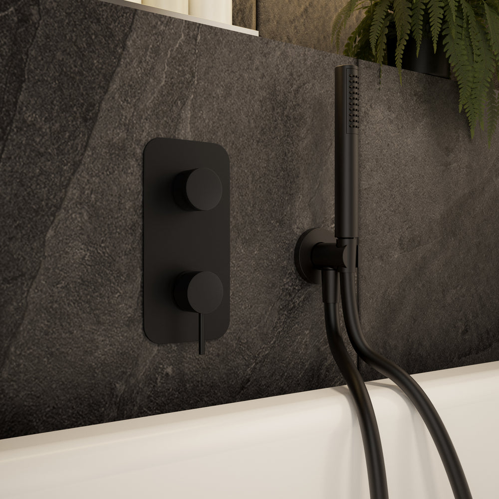 Wall Mounted Bath Mixer Tap Complete with Overflow Filler & Shower Kit - Matt Black