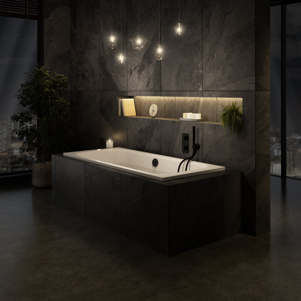 Wall Mounted Bath Mixer Tap Complete with Overflow Filler & Shower Kit - Matt Black