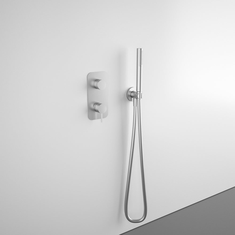 Wall Mounted Bath Mixer Tap Complete with Overflow Filler & Shower Kit - Brushed Steel