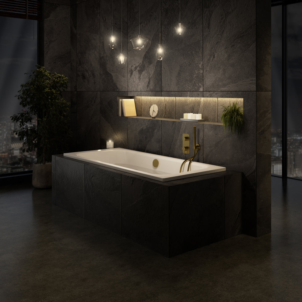 Wall Mounted Bath Mixer Tap Complete with Overflow Filler & Shower Kit - Brushed Brass