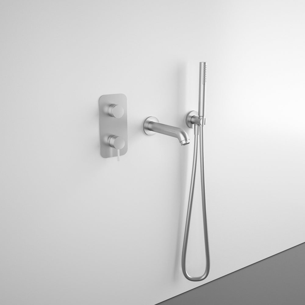 Wall Mounted Bath Mixer Tap Complete with Spout & Shower Kit - Brushed Steel