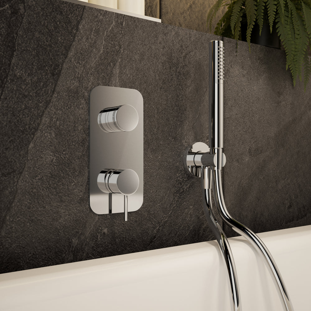 Wall Mounted Bath Mixer Tap Complete with Overflow Filler & Shower Kit - Brushed Steel