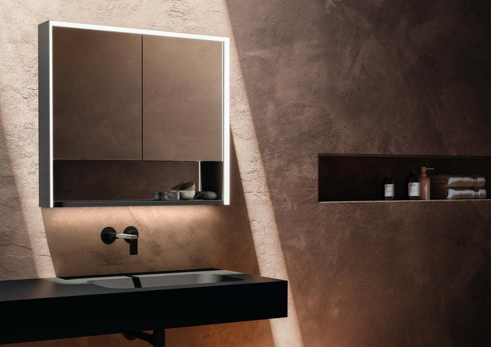 Nebbiolo Steam Free Matt Black Bathroom Mirror Cabinet with Open Shelf 600x700mm