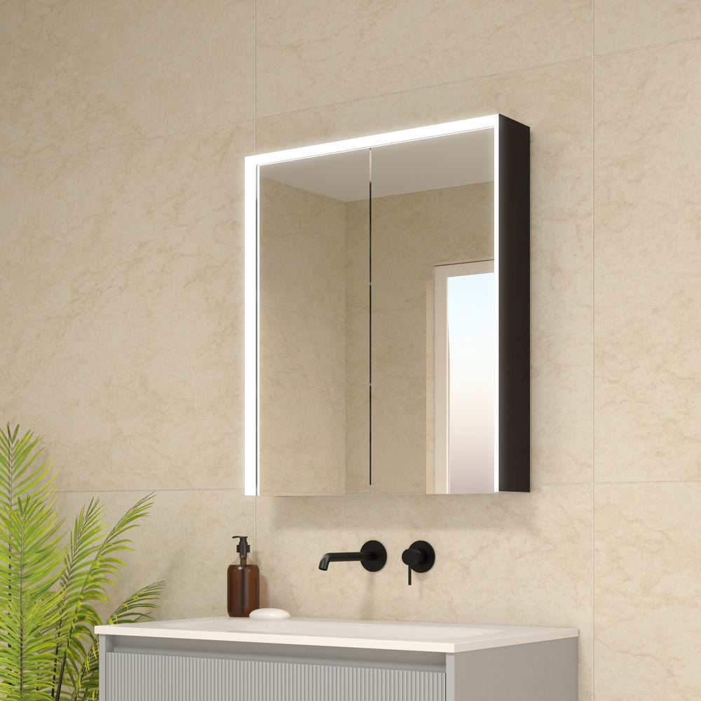 Fiano Steam-Free Modern Mirror Cabinet 600 x 700mm - Matt Black