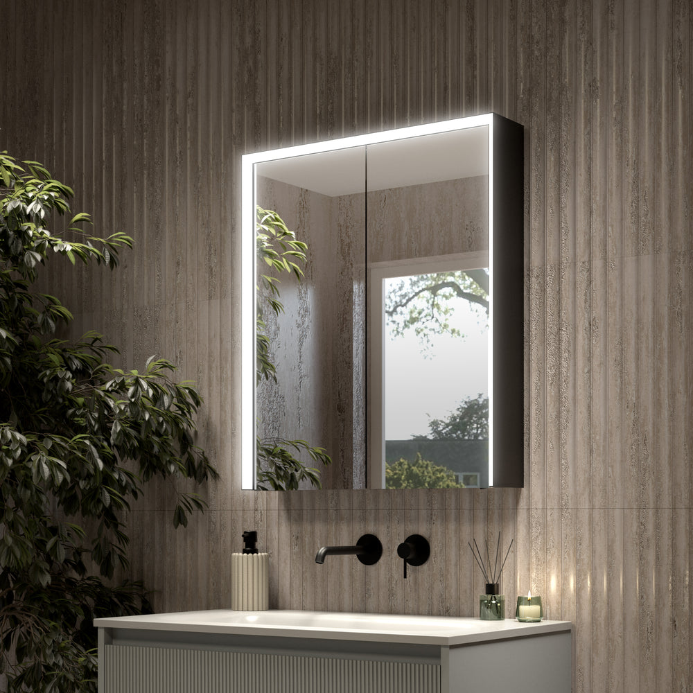 Fiano Steam-Free Modern Mirror Cabinet 600 x 700mm - Matt Black