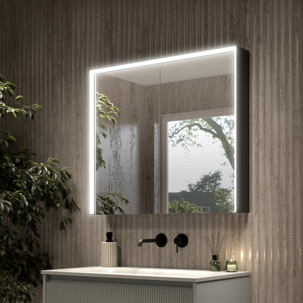 Fiano Steam-Free Modern Mirror Cabinet 800 x 700mm - Matt Black