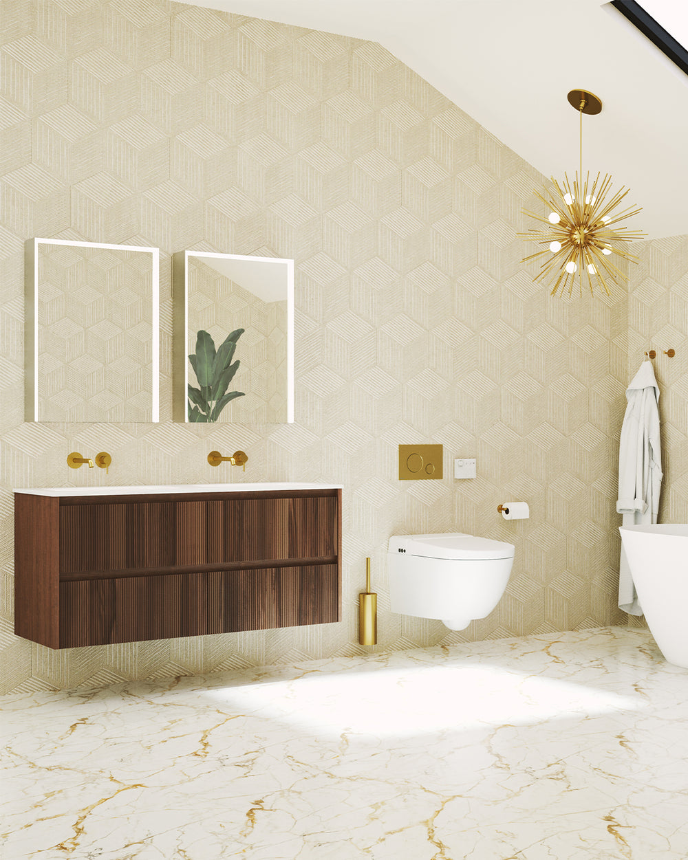 Scanalato Four Drawer Vanity Unit With Beyondstone Double Basin - Walnut 1400mm