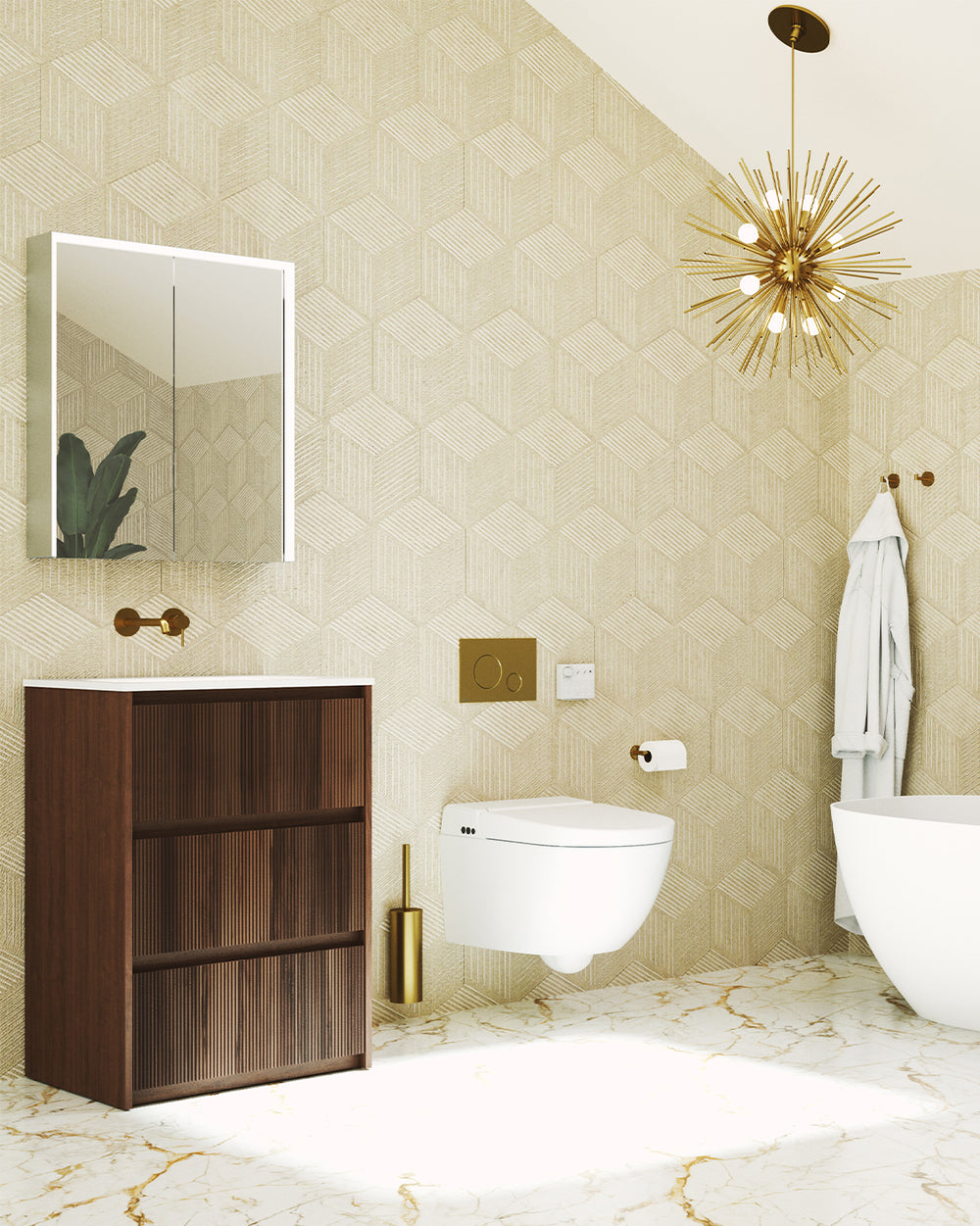 Scanalato Three Drawer Floor Standing Vanity Unit With Beyondstone Basin - Walnut 600mm