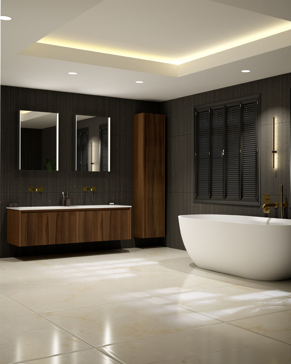 Scanalato Double Drawer Vanity Unit With Beyondstone Double Basin - Walnut 1400mm