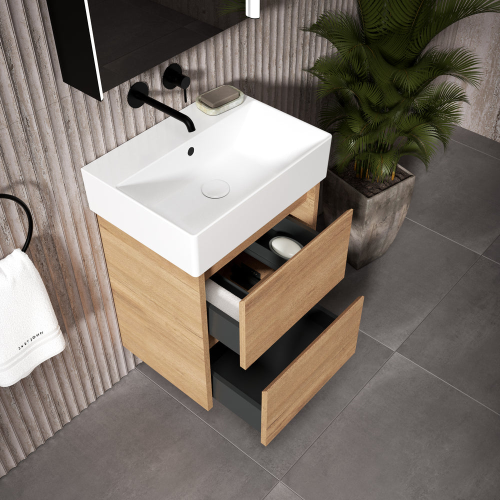 GSI Kube Bevel Slimline Double Drawer Vanity Unit With Ceramic Basin - Oak (Pacific Walnut) 500mm x 370mm