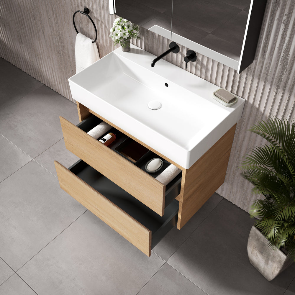GSI Kube Bevel Slimline Double Drawer Vanity Unit With Ceramic Basin - Oak (Pacific Walnut) 800mm x 470mm