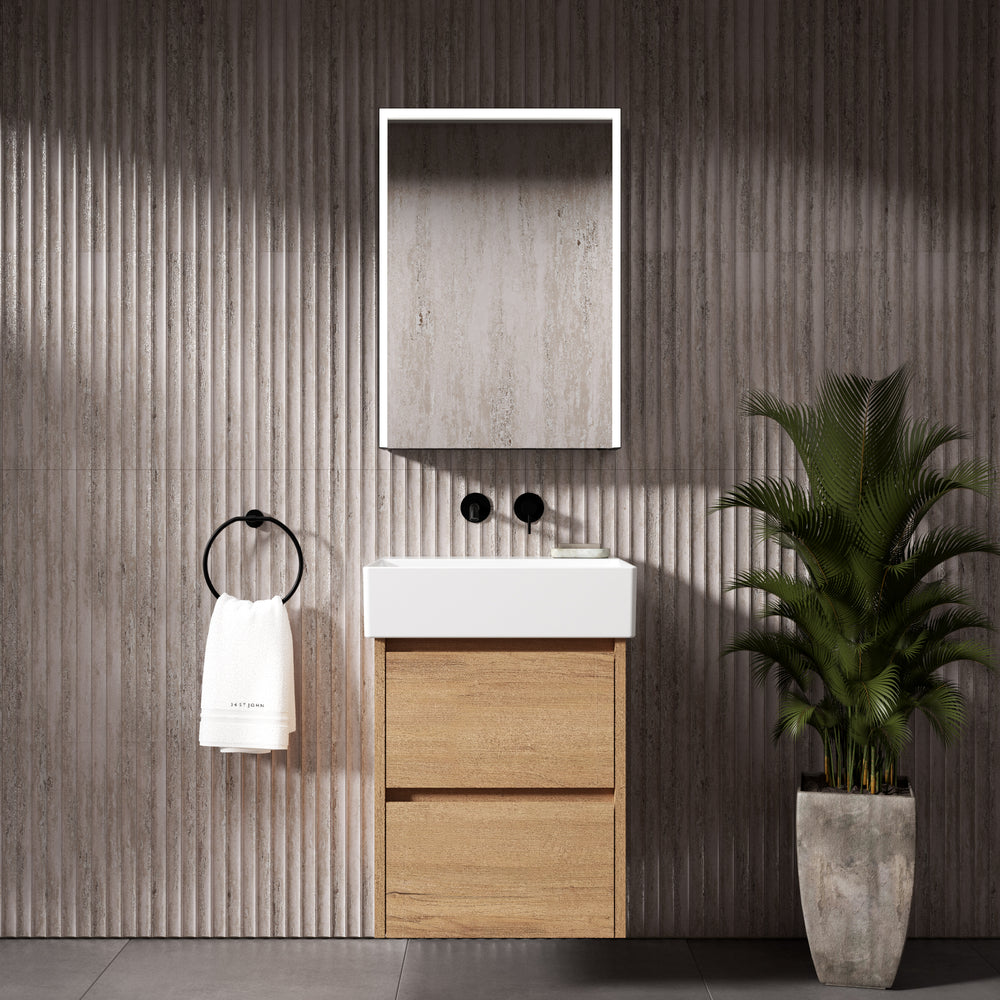 GSI Kube Bevel Slimline Double Drawer Vanity Unit With Ceramic Basin - Oak (Pacific Walnut) 500mm x 470mm