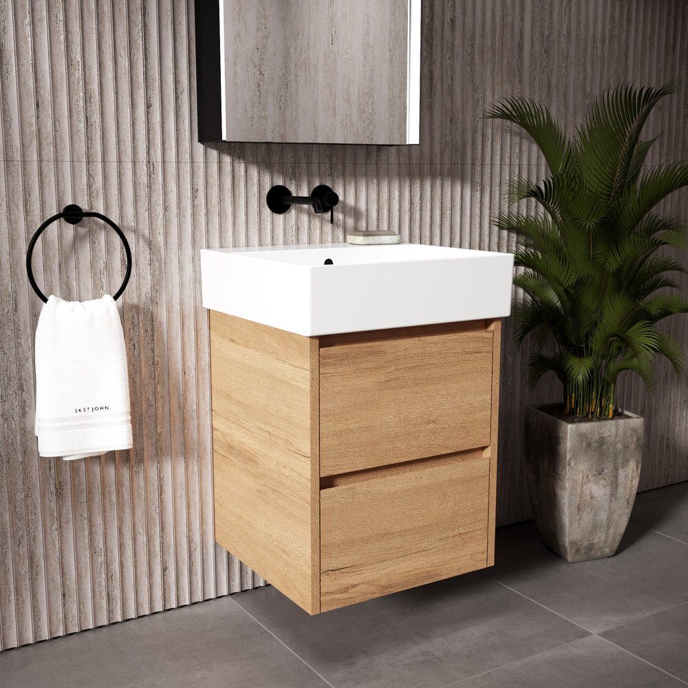GSI Kube Bevel Slimline Double Drawer Vanity Unit With Ceramic Basin - Oak (Pacific Walnut) 500mm x 470mm