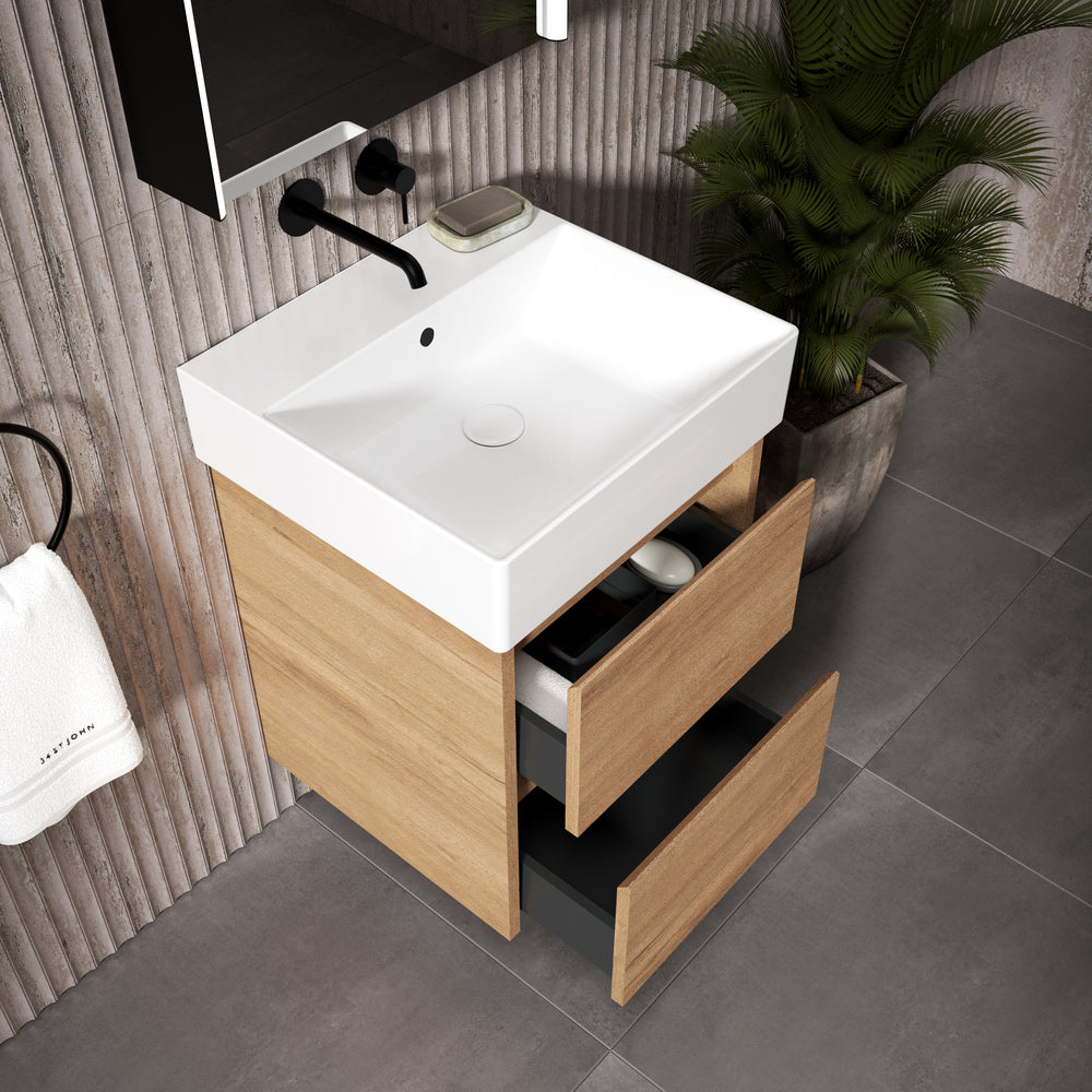 GSI Kube Bevel Slimline Double Drawer Vanity Unit With Ceramic Basin - Oak (Pacific Walnut) 500mm x 470mm