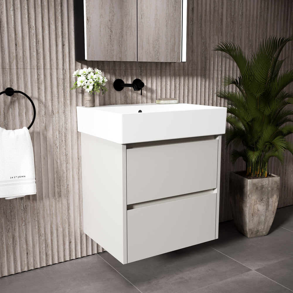GSI Kube Bevel Slimline Double Drawer Vanity Unit With Ceramic Basin - Matt Grey 600mm x 470mm