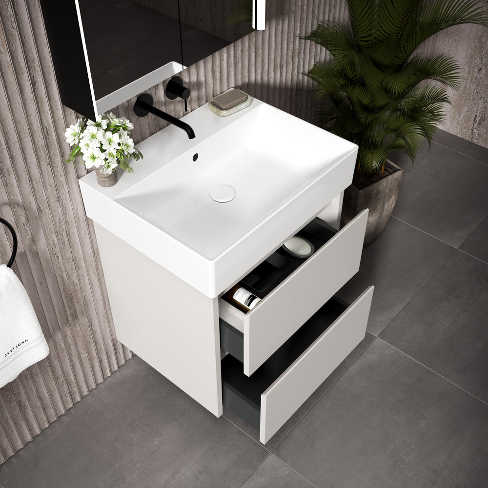 GSI Kube Bevel Slimline Double Drawer Vanity Unit With Ceramic Basin - Matt Grey 600mm x 470mm