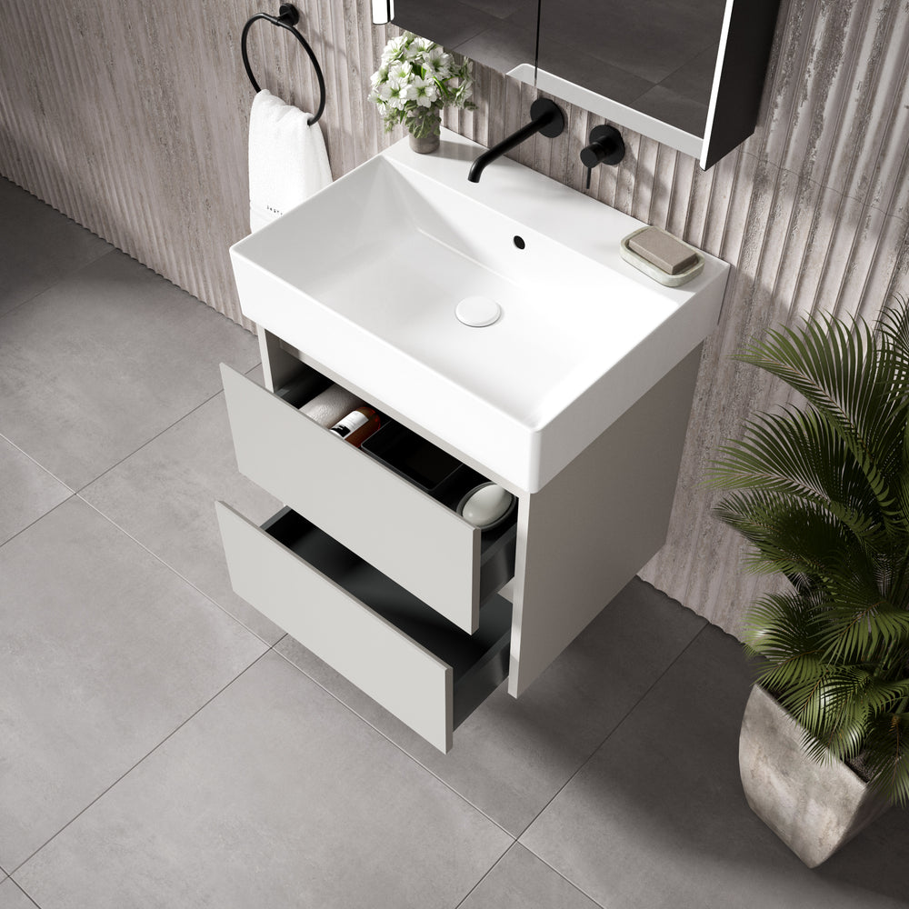 GSI Kube Bevel Slimline Double Drawer Vanity Unit With Ceramic Basin - Matt Grey 600mm x 470mm