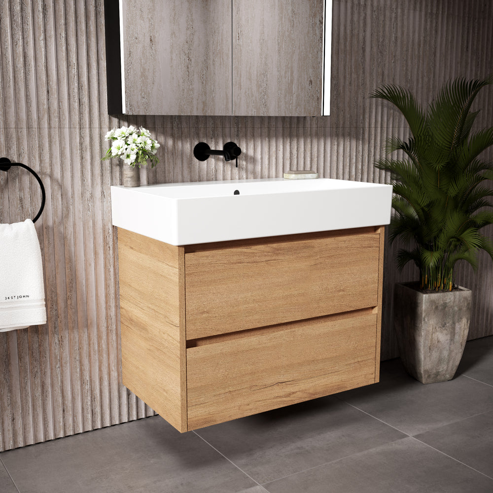 GSI Kube Bevel Slimline Double Drawer Vanity Unit With Ceramic Basin - Oak (Pacific Walnut) 800mm x 470mm