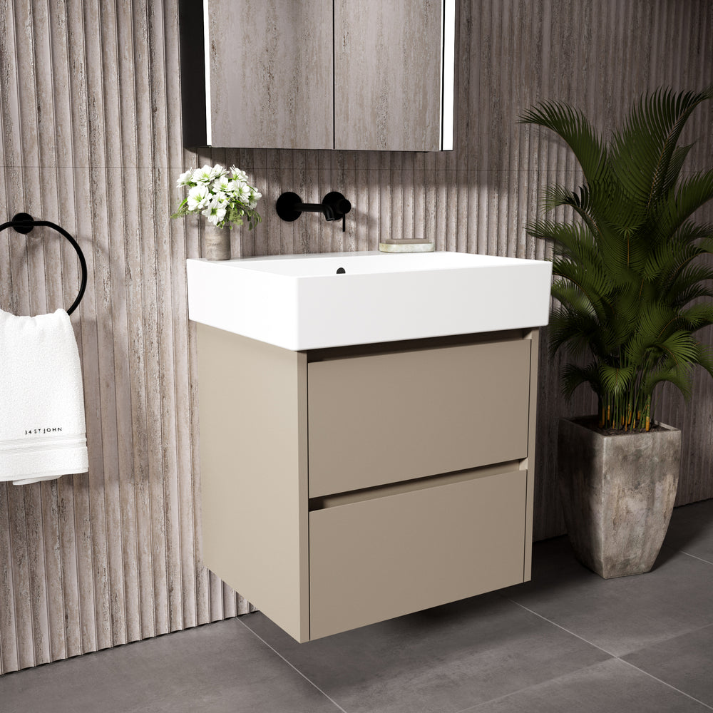 GSI Kube Bevel Slimline Double Drawer With Ceramic Basin - Matt Pebble  600mm x 470mm