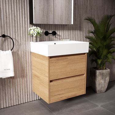 GSI Kube Bevel Slimline Double Drawer Vanity Unit With Ceramic Basin - Oak (Pacific Walnut) 600mm x 470mm