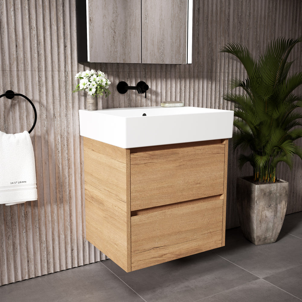 GSI Kube Bevel Slimline Double Drawer Vanity Unit With Ceramic Basin - Oak (Pacific Walnut) 600mm x 470mm