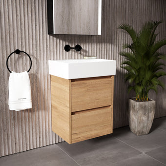 GSI Kube Bevel Slimline Double Drawer With Ceramic Basin - Oak 500mm x 370mm