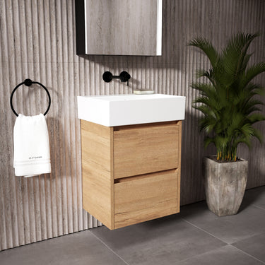 GSI Kube Bevel Slimline Double Drawer Vanity Unit With Ceramic Basin - Oak (Pacific Walnut) 500mm x 370mm