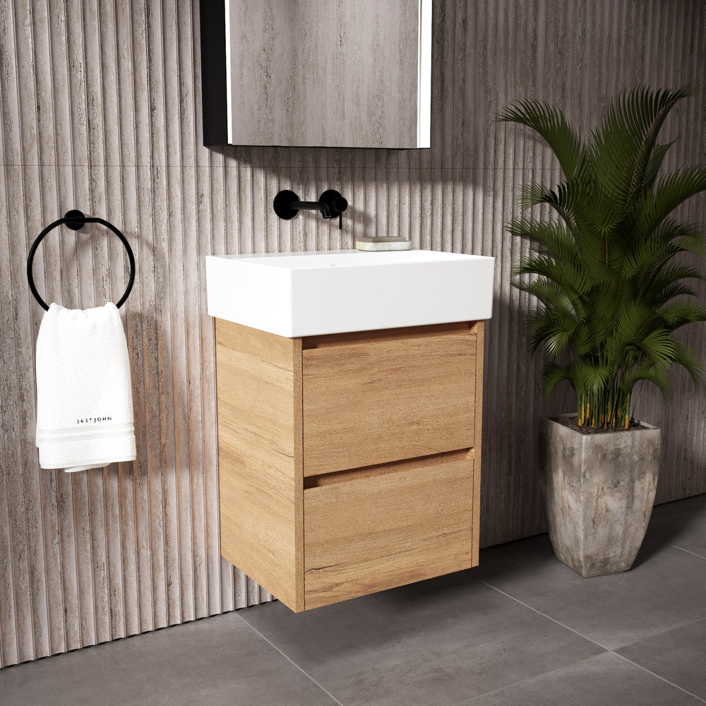 GSI Kube Bevel Slimline Double Drawer Vanity Unit With Ceramic Basin - Oak (Pacific Walnut) 500mm x 370mm