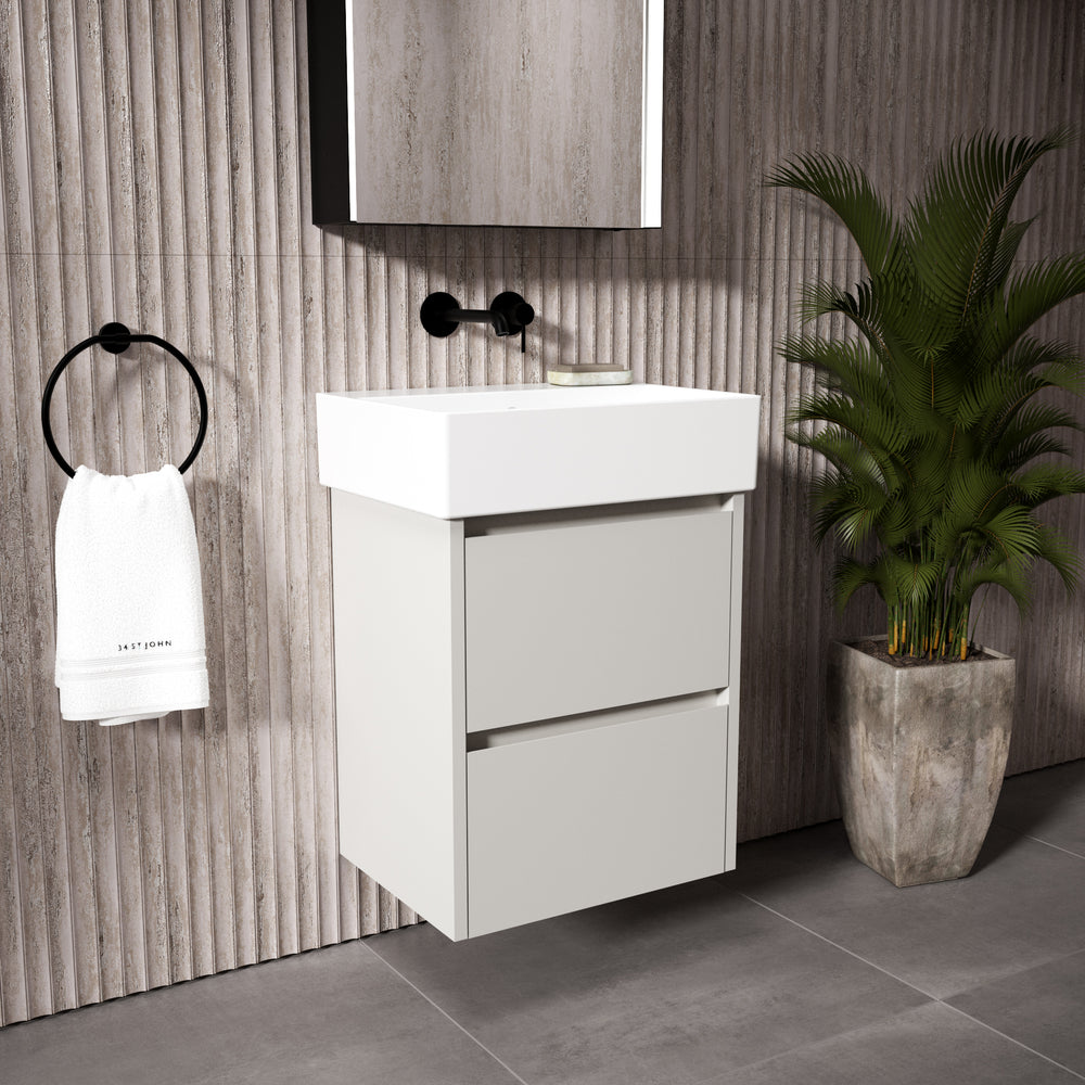 GSI Kube Bevel Slimline Double Drawer Vanity Unit With Ceramic Basin - Matt Grey 500mm x 370mm