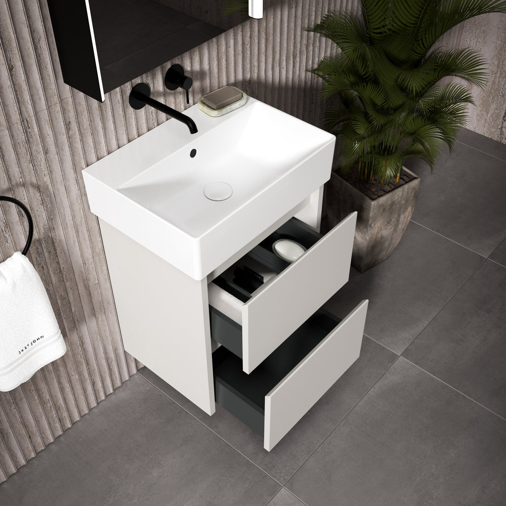 GSI Kube Bevel Slimline Double Drawer Vanity Unit With Ceramic Basin - Matt Grey 500mm x 370mm