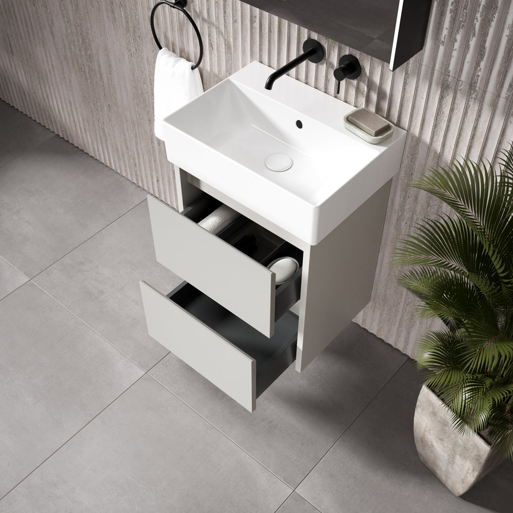 GSI Kube Bevel Slimline Double Drawer Vanity Unit With Ceramic Basin - Matt Grey 500mm x 370mm