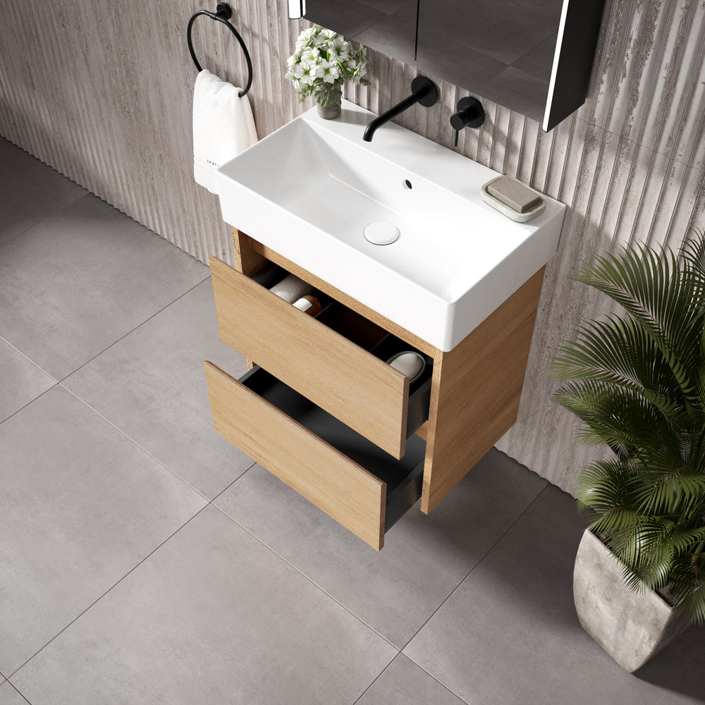 GSI Kube Bevel Slimline Double Drawer Vanity Unit With Ceramic Basin - Oak (Pacific Walnut) 600mm x 370mm