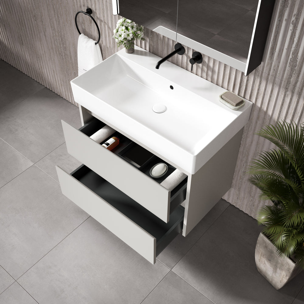 GSI Kube Bevel Slimline Double Drawer Vanity Unit With Ceramic Basin - Matt Grey 800mm x 470mm