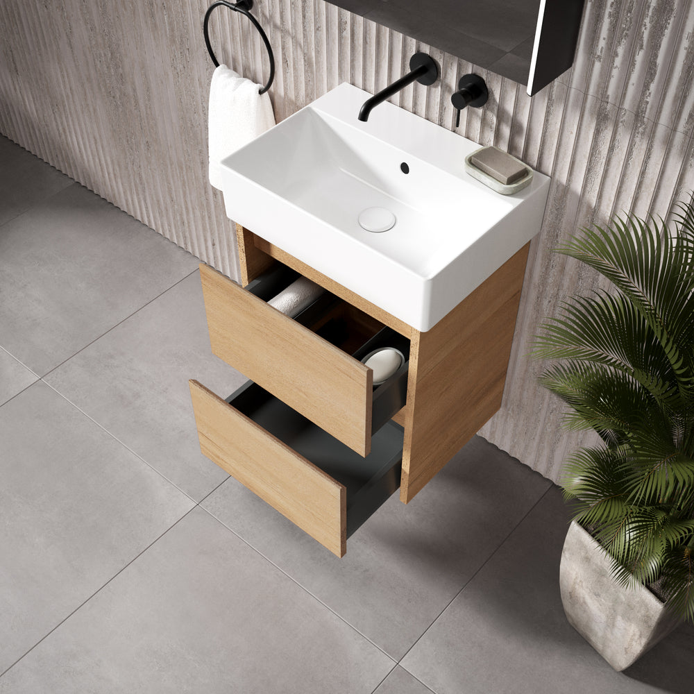 GSI Kube Bevel Slimline Double Drawer Vanity Unit With Ceramic Basin - Oak (Pacific Walnut) 500mm x 370mm