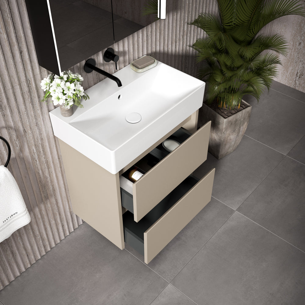 GSI Kube Bevel Slimline Double Drawer With Ceramic Basin - Matt Pebble 600mm x 370mm