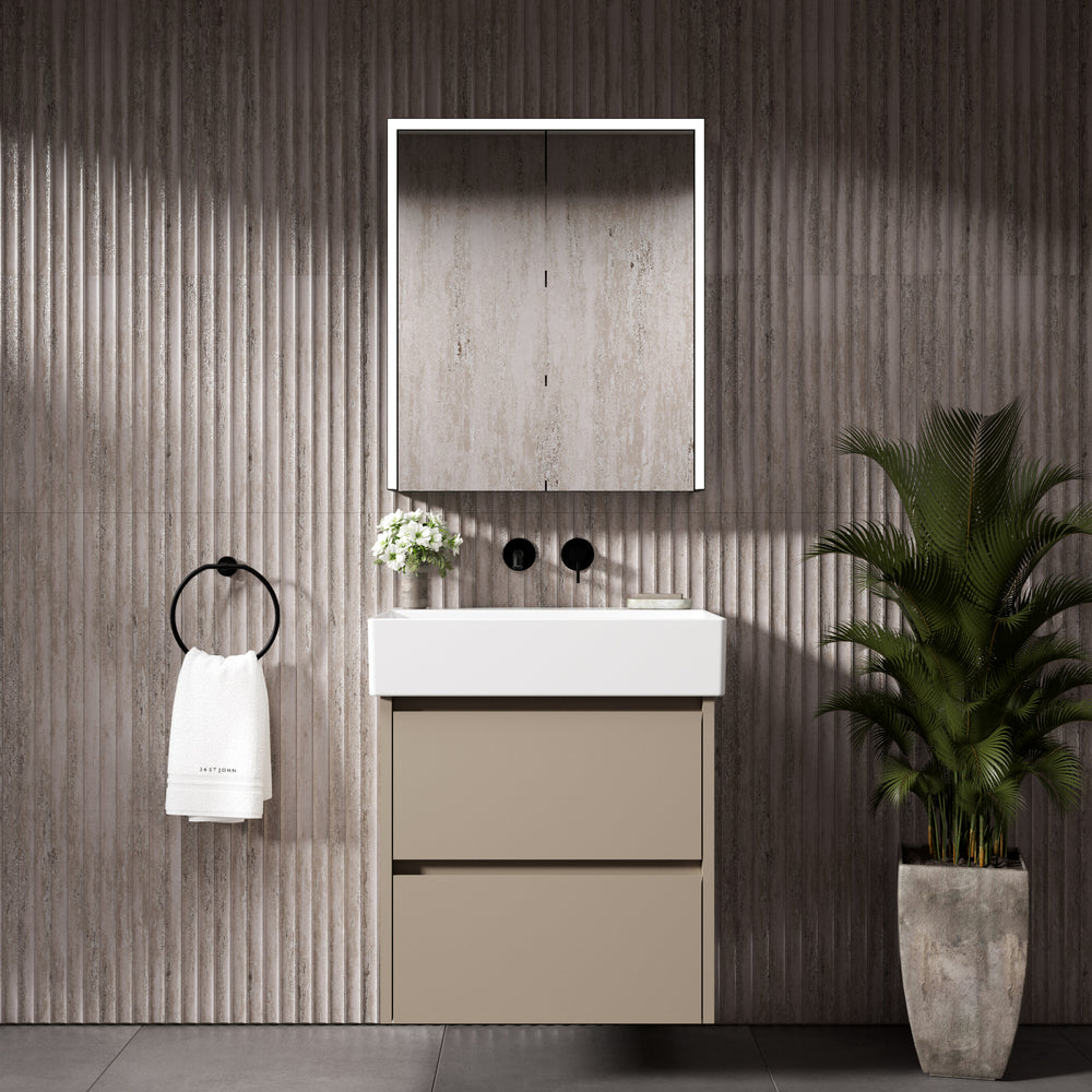 GSI Kube Bevel Slimline Double Drawer With Ceramic Basin - Matt Pebble  600mm x 470mm