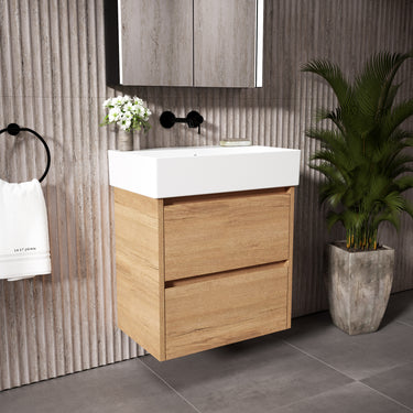 GSI Kube Bevel Slimline Double Drawer Vanity Unit With Ceramic Basin - Oak (Pacific Walnut) 600mm x 370mm