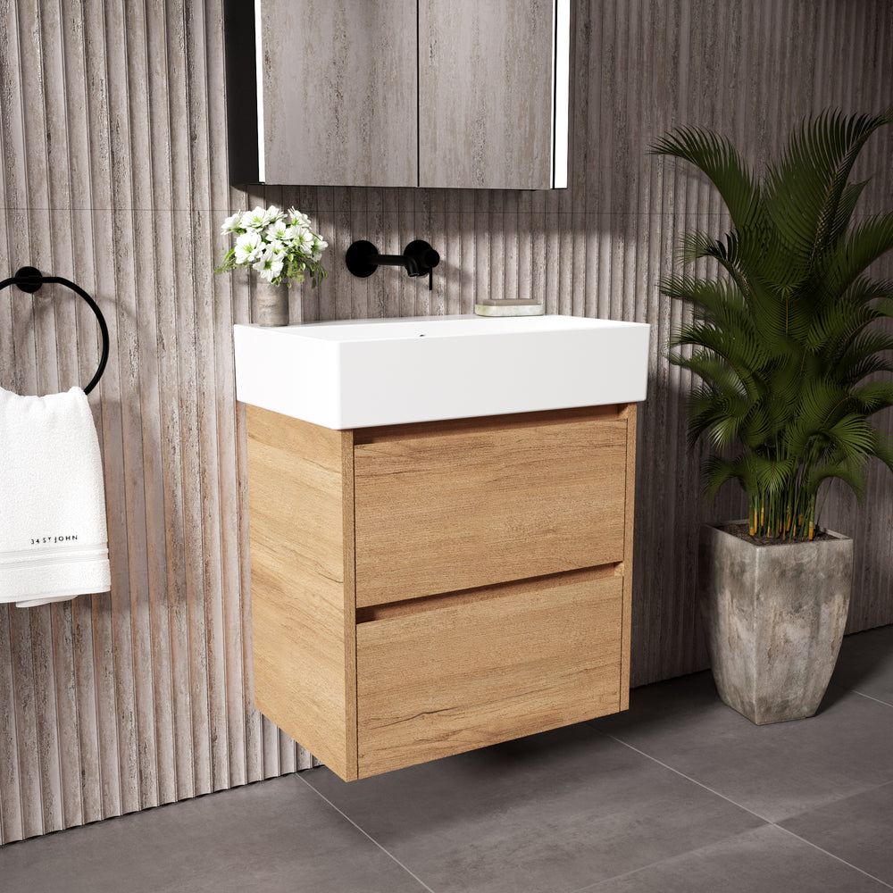 GSI Kube Bevel Slimline Double Drawer Vanity Unit With Ceramic Basin - Oak (Pacific Walnut) 600mm x 370mm