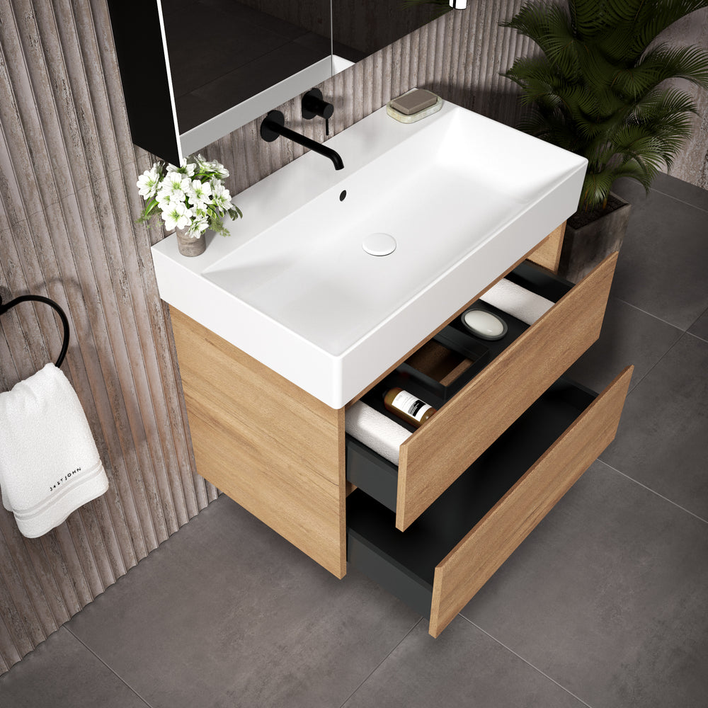 GSI Kube Bevel Slimline Double Drawer Vanity Unit With Ceramic Basin - Oak (Pacific Walnut) 800mm x 470mm