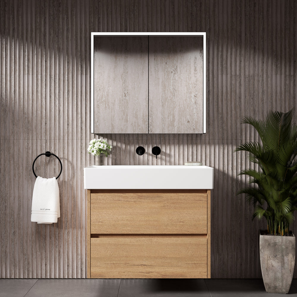 GSI Kube Bevel Slimline Double Drawer Vanity Unit With Ceramic Basin - Oak (Pacific Walnut) 800mm x 470mm