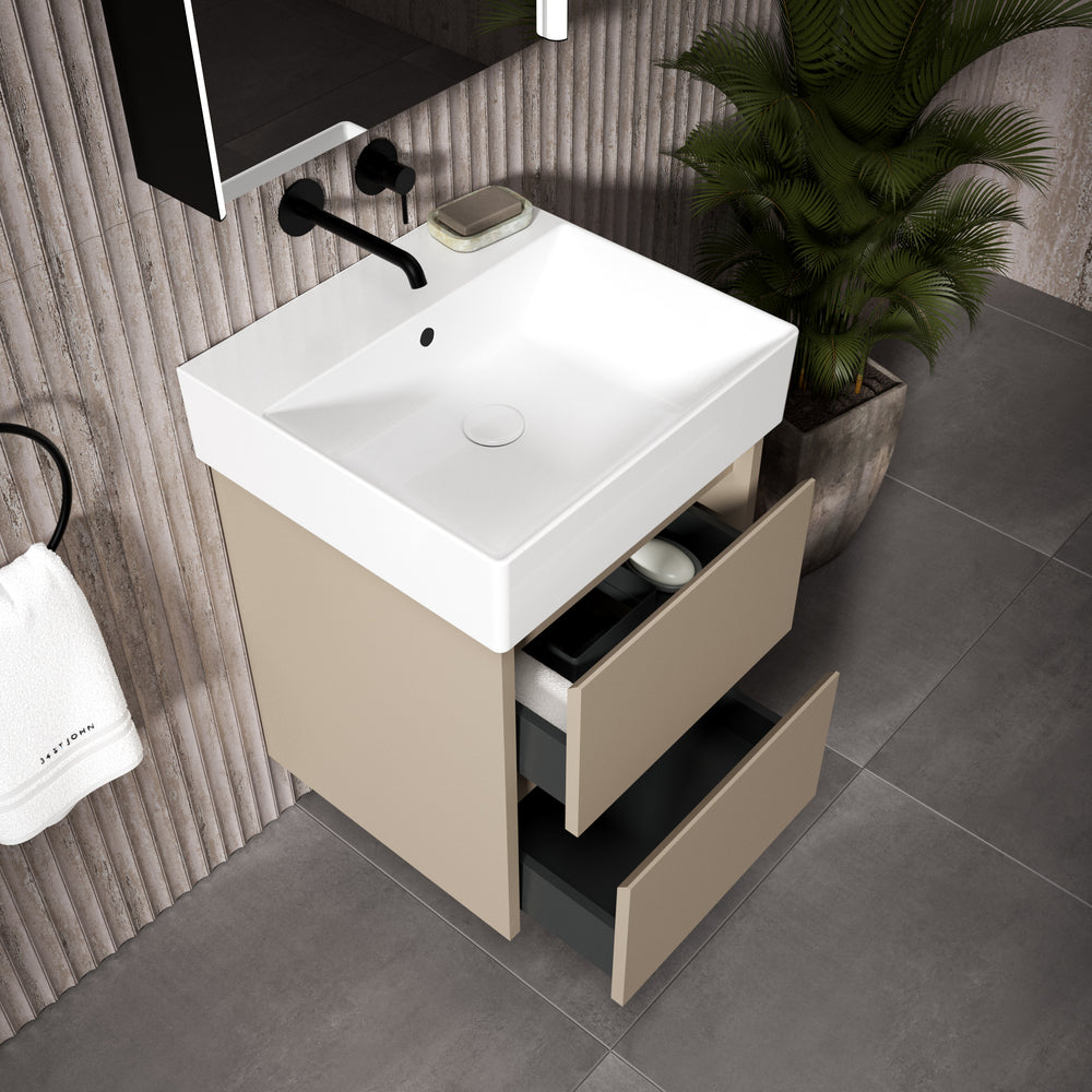 GSI Kube Bevel Slimline Double Drawer With Ceramic Basin - Matt Pebble 500mm x 470mm